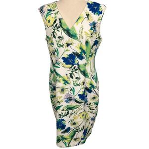 Calvin Klein Womens 14 Dress Blue Green Floral Sheath Botanical Statement Zip